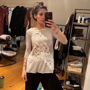 Free People Light Gray cozy embroidered 3/4 sleeve Top